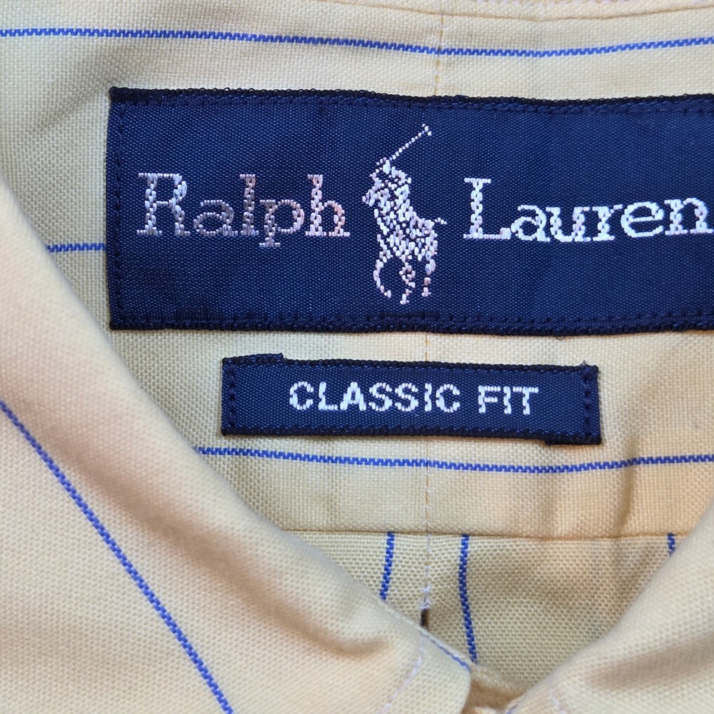 Ralph Lauren Button Down Shirt Mens 17.5 34/35 Yellow Blue Pinstripe Classic Fit - Picture 2 of 8